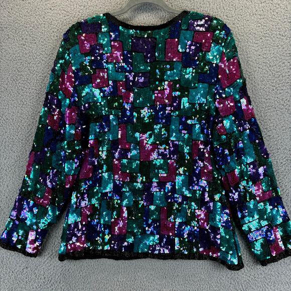 Vtg Stenay Sequin Jacket Large Retro Disco Glam Holiday Colorblock Allover - Picture 6 of 12
